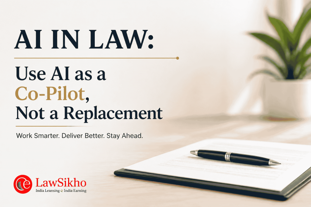 AI in law concept banner showing legal workspace with notebook and pen, emphasizing use of AI as a co-pilot in law practice