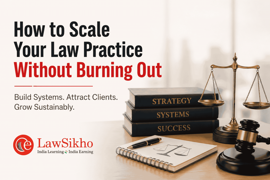 Professional law practice growth concept image with LawSikho branding