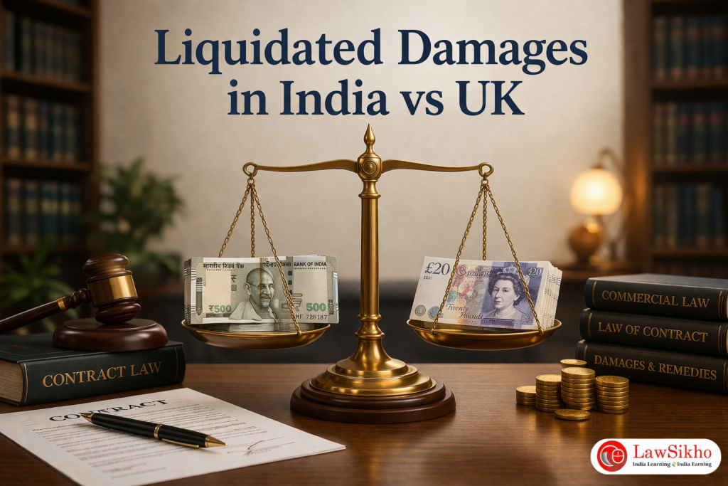 'Liquidated Damages in India vs UK.' shows a brass balance scale weighing Indian rupees and British pounds.