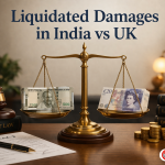'Liquidated Damages in India vs UK.' shows a brass balance scale weighing Indian rupees and British pounds.