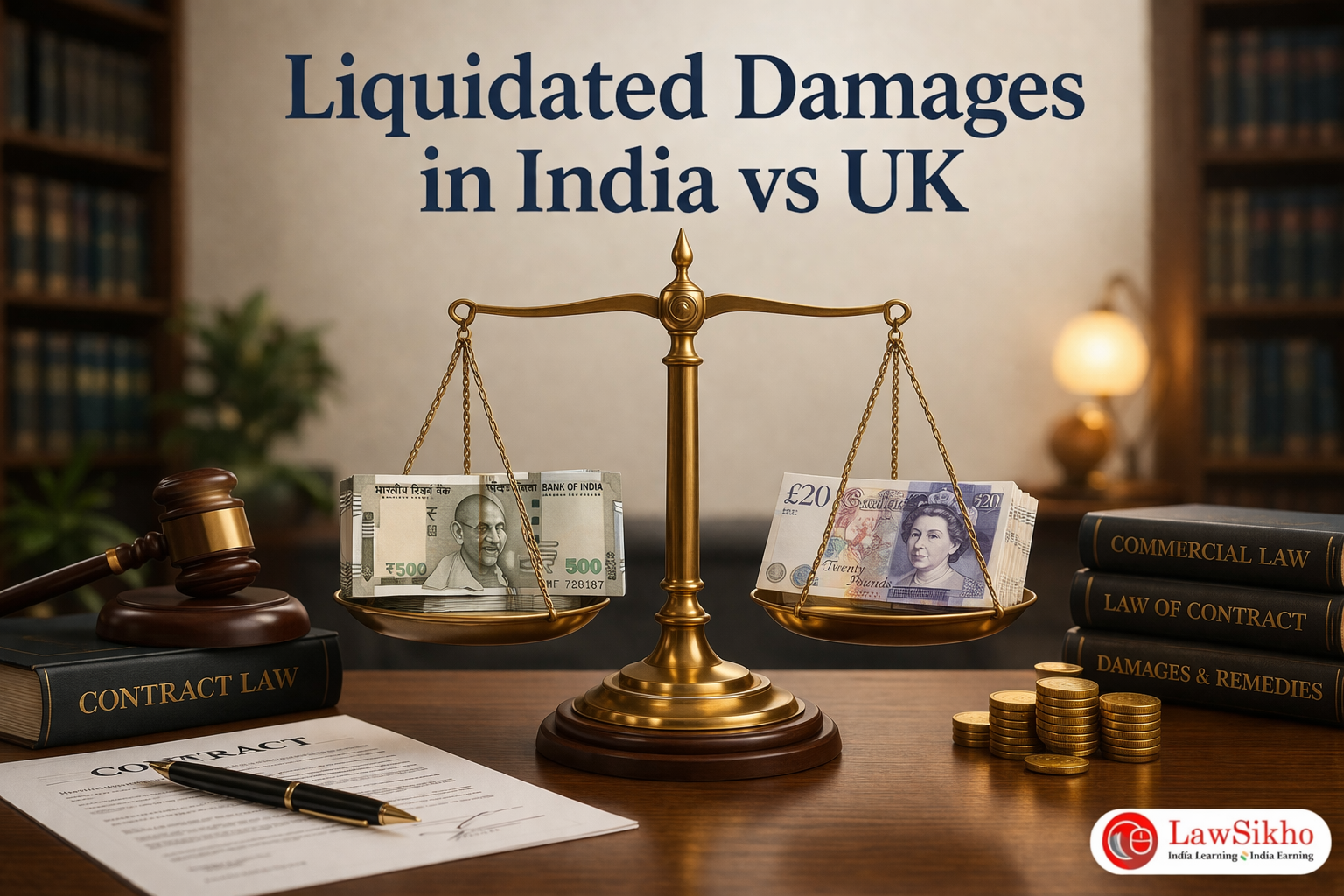 'Liquidated Damages in India vs UK.' shows a brass balance scale weighing Indian rupees and British pounds.