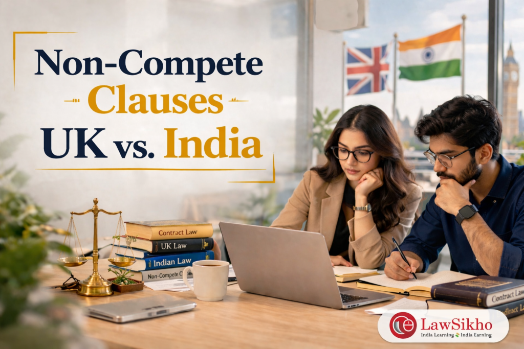 It highlights the differences in legal practices between the two countries, with the Non-Compete Clauses UK vs India
