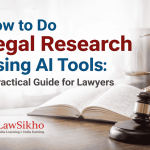 How to Do Legal Research Using AI Tools: A Practical Guide for Lawyers, featuring a law book, gavel, and scales of justice, with the LawSikho logo