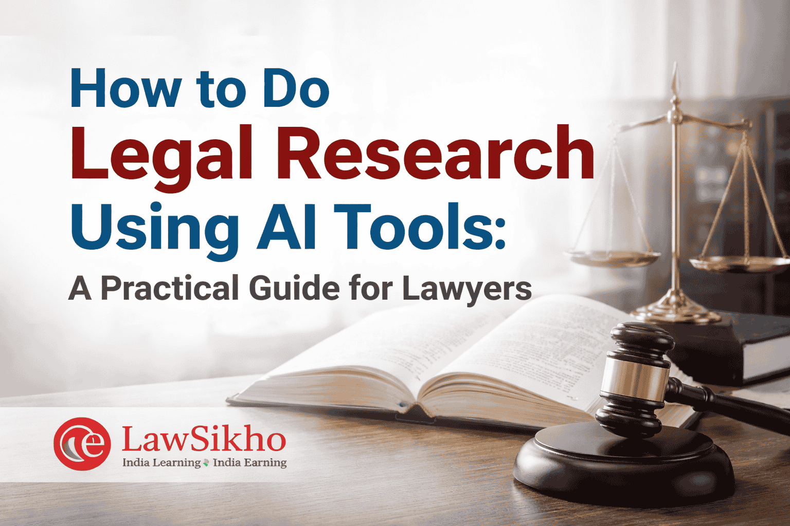 How to Do Legal Research Using AI Tools: A Practical Guide for Lawyers, featuring a law book, gavel, and scales of justice, with the LawSikho logo