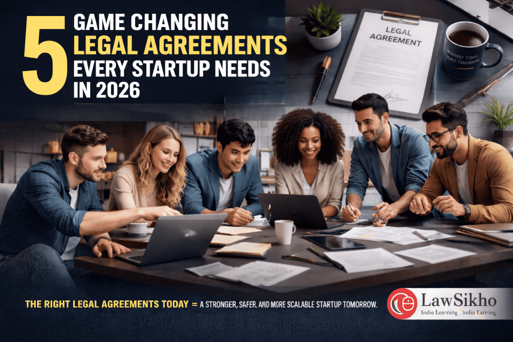 A Diverse group of professionals in a modern office, collaborating on Legal Agreements for a startup.