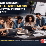 A Diverse group of professionals in a modern office, collaborating on Legal Agreements for a startup.