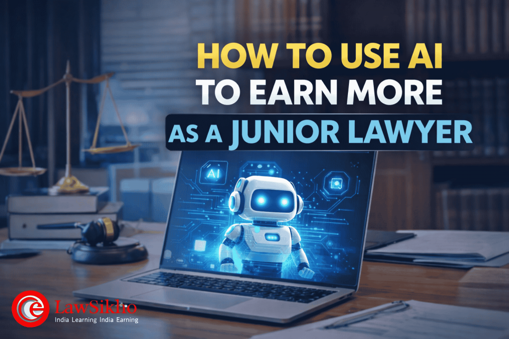 AI-powered robot assisting junior lawyers in increasing their earnings and efficiency, with LawSikho logo on the bottom left, promoting the use of AI tools for lawyers.
