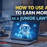 AI-powered robot assisting junior lawyers in increasing their earnings and efficiency, with LawSikho logo on the bottom left, promoting the use of AI tools for lawyers.