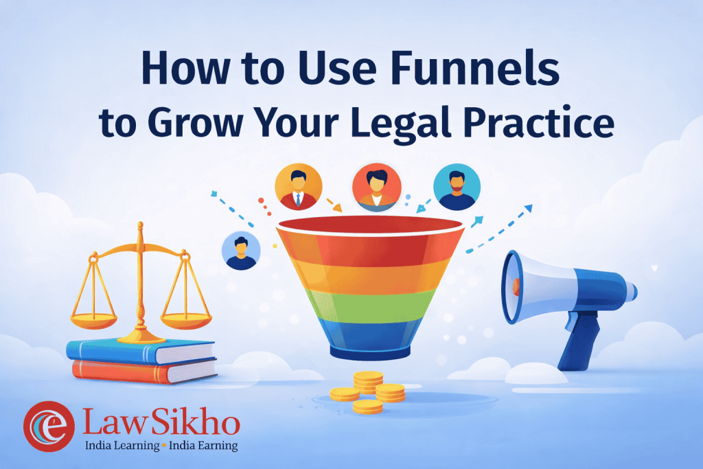 Illustration of a colorful sales funnel for client acquisition with 'How to Use Funnels to Grow Your Legal Practice' title, featuring the LawSikho logo, scales of justice, and a megaphone.