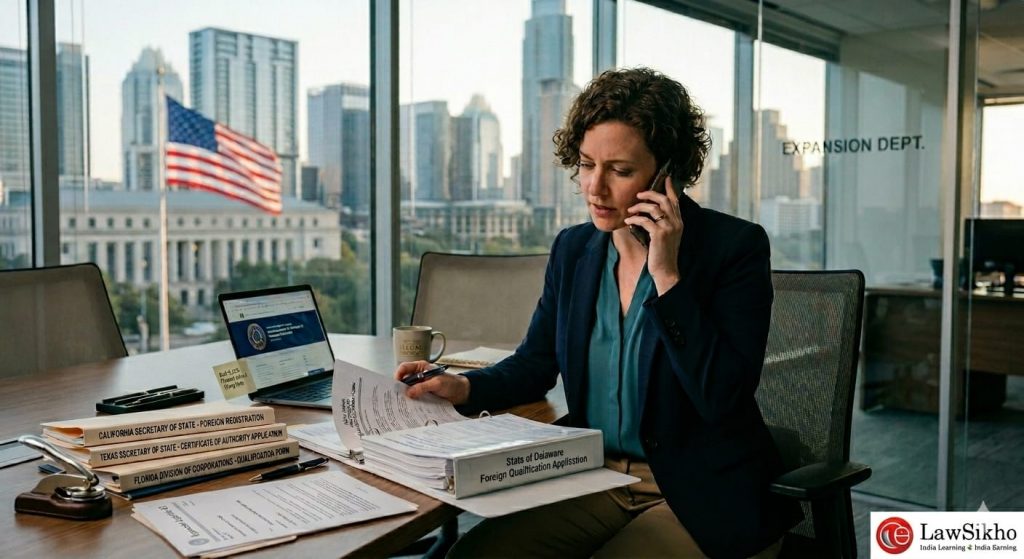 "A business professional managing paperwork for a US business expansion and obtaining foreign qualification in multiple states.