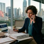 "A business professional managing paperwork for a US business expansion and obtaining foreign qualification in multiple states.