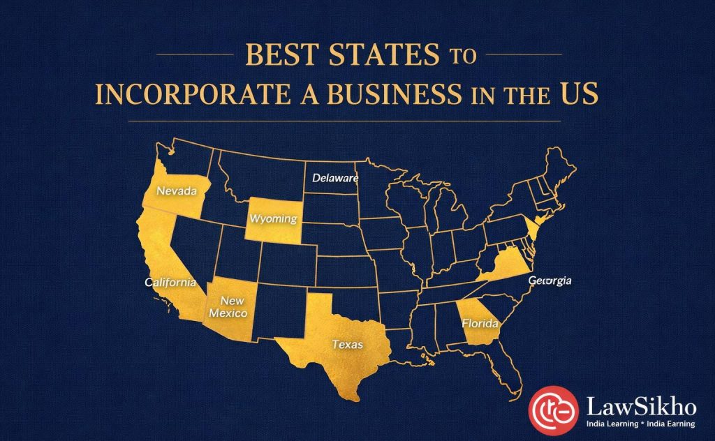 "Best states to incorporate a business in the US map highlighting Delaware, Wyoming, Nevada, Texas, Florida, Georgia, and New Mexico"
