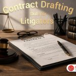 Litigator drafting a contract with dispute resolution clauses.