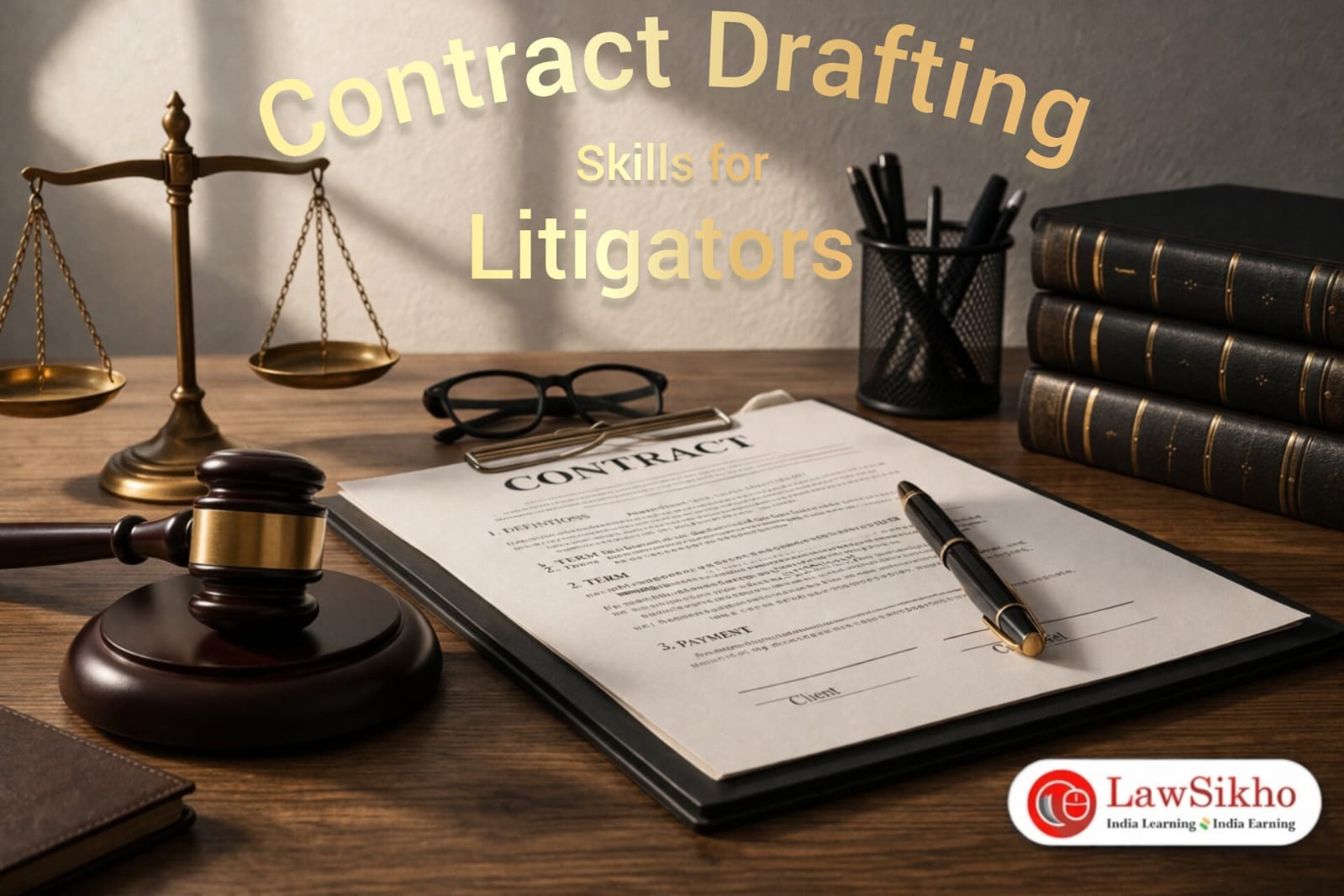 Litigator drafting a contract with dispute resolution clauses.