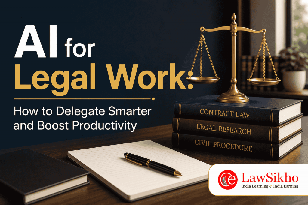 AI for legal work concept with law books and scales of justice for smarter delegation.