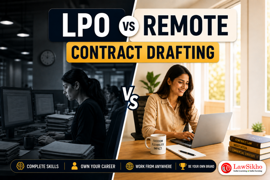 LPO vs Remote Contract Drafting comparison featuring corporate office work versus flexible remote legal drafting careers