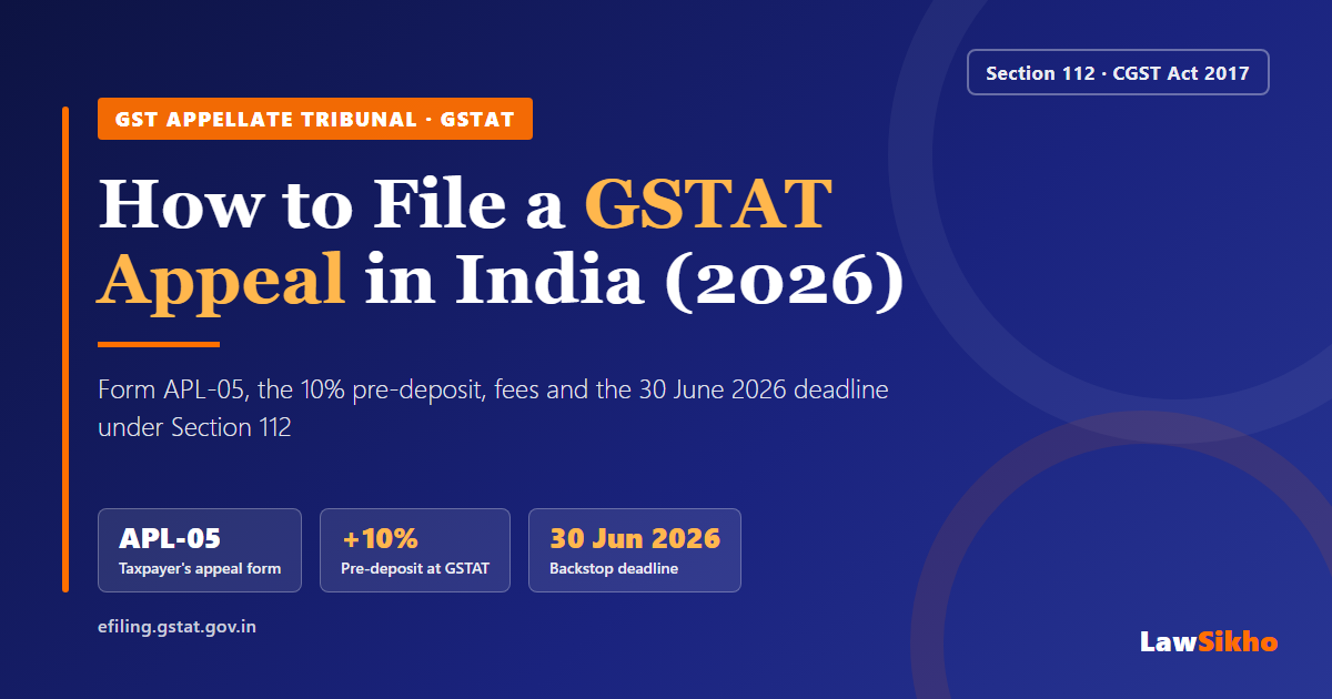 Step-by-step guide to file a GSTAT appeal on the e-filing portal under Section 112 of the CGST Act, 2017, in 2026, showing Form APL-05, the 10% pre-deposit at the tribunal stage, and the 30 June 2026 filing deadline.